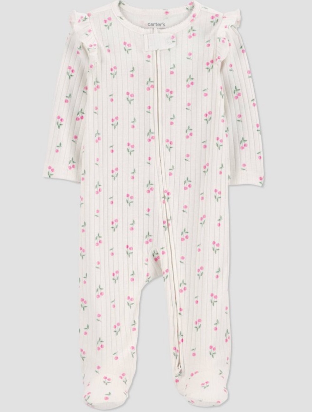 Carter's White Ribbed Pink Floral Footed One-Piece